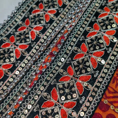 MIJAAT Pahadi Short Pichoda Stole | Georgette Chicken Fabric | Dark Green Payal Lace Border with Orange-Red Threadwork