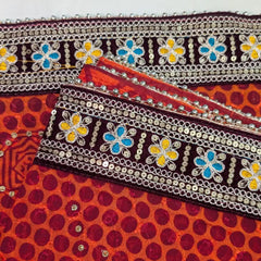 MIJAAT Pahadi Short Pichoda Stole | Georgette Chicken Fabric | Maroon Payal Lace Border with Blue-Yellow Floral Threadwork