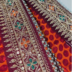 MIJAAT Pahadi Short Pichoda Stole | Georgette Chicken Fabric | Maroon Floral Payal Lace Border