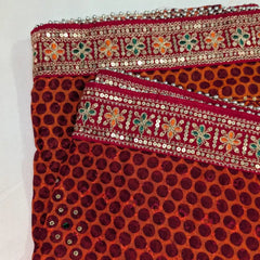MIJAAT Short Pichoda Stall | Georgette Chicken Fabric | Red Multicolour Floral Lace Border