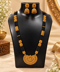 Pahadi Mangalsutra & Jhumka Earrings Combo – 4 Line Black Bead Chain with Fan Pendant & Red Stone Jhumke | Mijaat