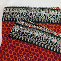 MIJAAT Pahadi Short Pichoda Stole | Georgette Chicken Fabric | Dark Green Payal Border with Lavender-Blue Leaf Threadwork