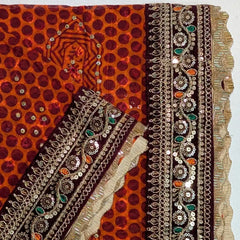 MIJAAT Pahadi Short Pichoda Stole | Georgette Chicken Fabric | Maroon Katdani Border with Floral Vine Threadwork