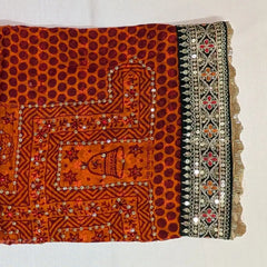 MIJAAT Pahadi Short Pichoda Stole | Georgette Chicken Fabric | Dark Green Katdani Border with Red-Orange Diamond Threadwork