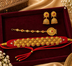 Pahadi Bridal Combo – Pooji Style Galoband, Sunburst Maang Tika & Jhumka Earrings with Red Stone & Real Gold Look | Mijaat