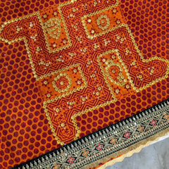 MIJAAT Pahadi Short Pichoda Stole | Georgette Chicken Fabric | Dark Green Katdani Border with Red-Orange Floral Threadwork