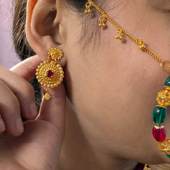 Pahadi Pooji Style Galoband & Earrings Combo – Maroon Velvet Base with Gold Dome Discs & Maroon Stone Studs | Mijaat
