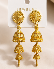 Royal Triple Layer Jhumka – Traditional Gold-Tone Long Ethnic Earrings