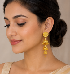 Royal Triple Layer Jhumka – Traditional Gold-Tone Long Ethnic Earrings