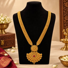 Pahadi Long Haar – Heavy Gold Box Chain with Two-Tier Mandala Pendant & Red Stone | Mijaat