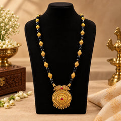 Lightweight Pahadi Mangalsutra – Single Line Black Crystal & Gold Ball Beads with Sunburst Mandala Pendant | Mijaat