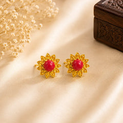 Gold-Tone Red Stone Sunflower Stud Earrings | MIJAAT