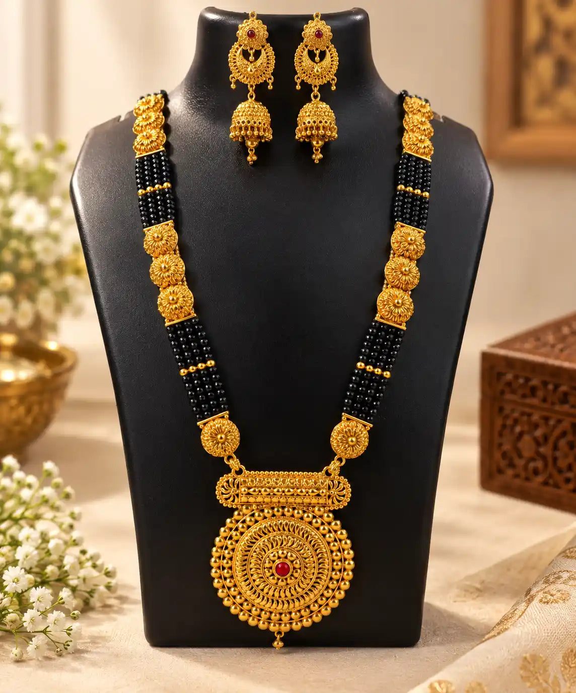 Heavy Pahadi Mangalsutra & Chandbali Jhumka Combo – 4 Line Black Bead with Spiral Filigree Pendant & Real Gold Look | Mijaat