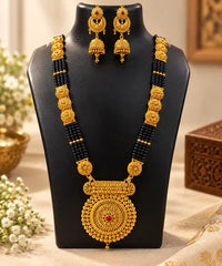 Heavy Pahadi Mangalsutra & Chandbali Jhumka Combo – 4 Line Black Bead with Spiral Filigree Pendant & Real Gold Look | Mijaat