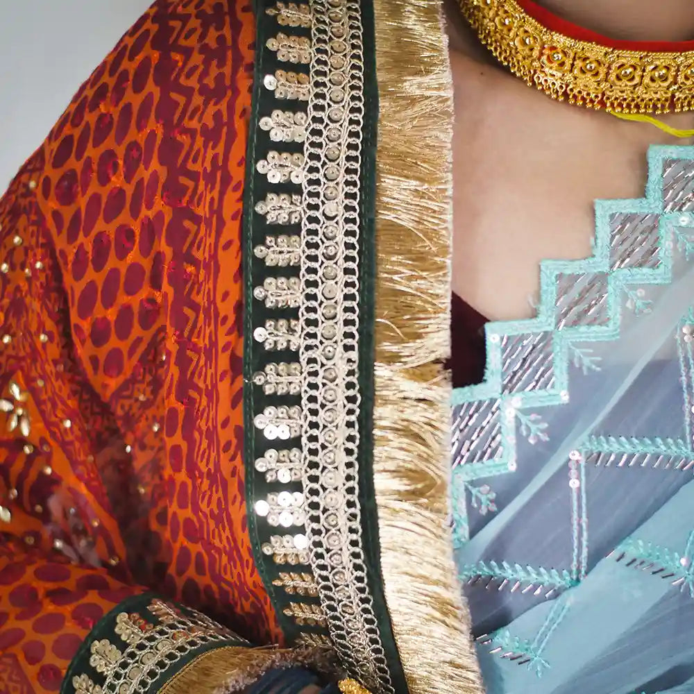 MIJAAT Pahadi Short Pichoda Stall | Georgette Chicken | Dark Green Kasab Lace Border