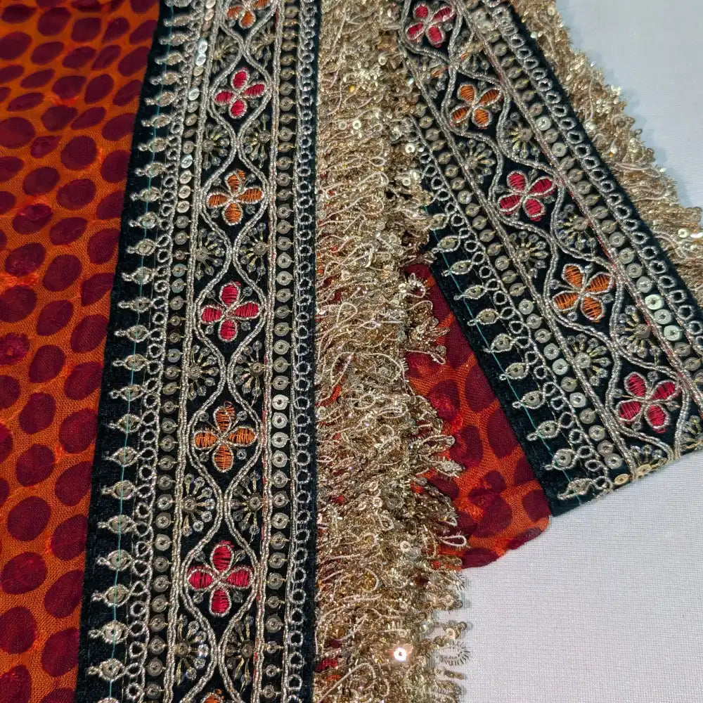 MIJAAT Pahadi Short Pichoda Stole | Georgette Chicken Fabric | Dark Green Jhalar Lace Border