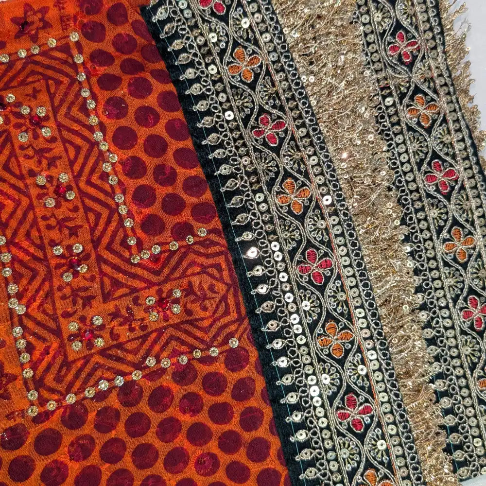 MIJAAT Pahadi Short Pichoda Stole | Georgette Chicken Fabric | Dark Green Jhalar Lace Border
