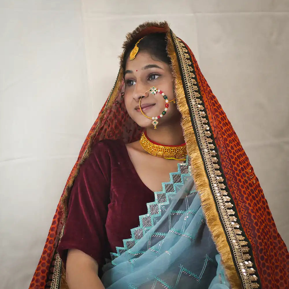 MIJAAT Pahadi Short Pichoda Stall | Georgette Chicken | Dark Green Kasab Lace Border