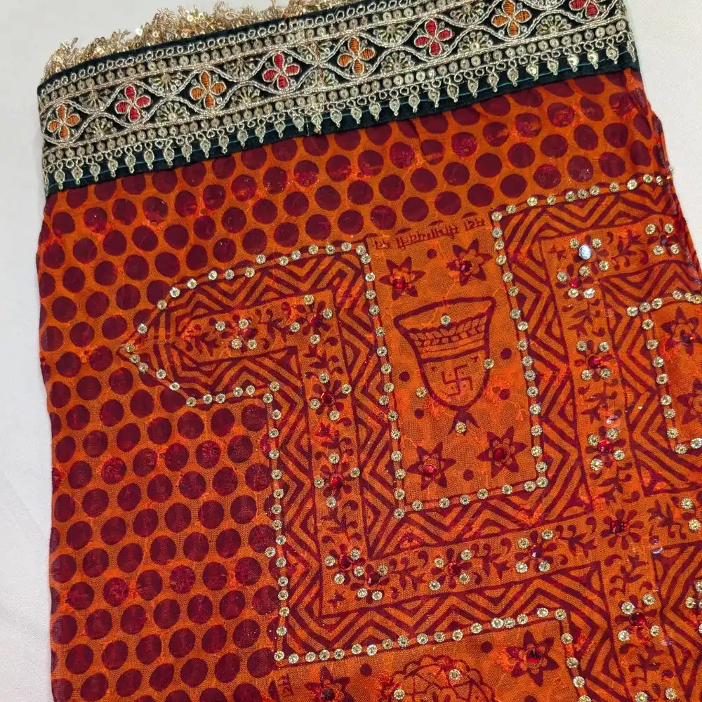 MIJAAT Pahadi Short Pichoda Stole | Georgette Chicken Fabric | Dark Green Jhalar Lace Border