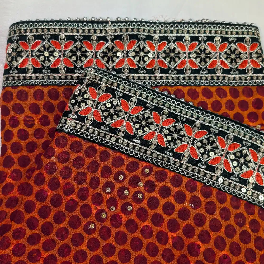 MIJAAT Pahadi Short Pichoda Stole | Georgette Chicken Fabric | Dark Green Payal Lace Border with Orange-Red Threadwork