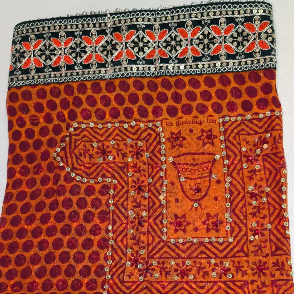MIJAAT Pahadi Short Pichoda Stole | Georgette Chicken Fabric | Dark Green Payal Lace Border with Orange-Red Threadwork