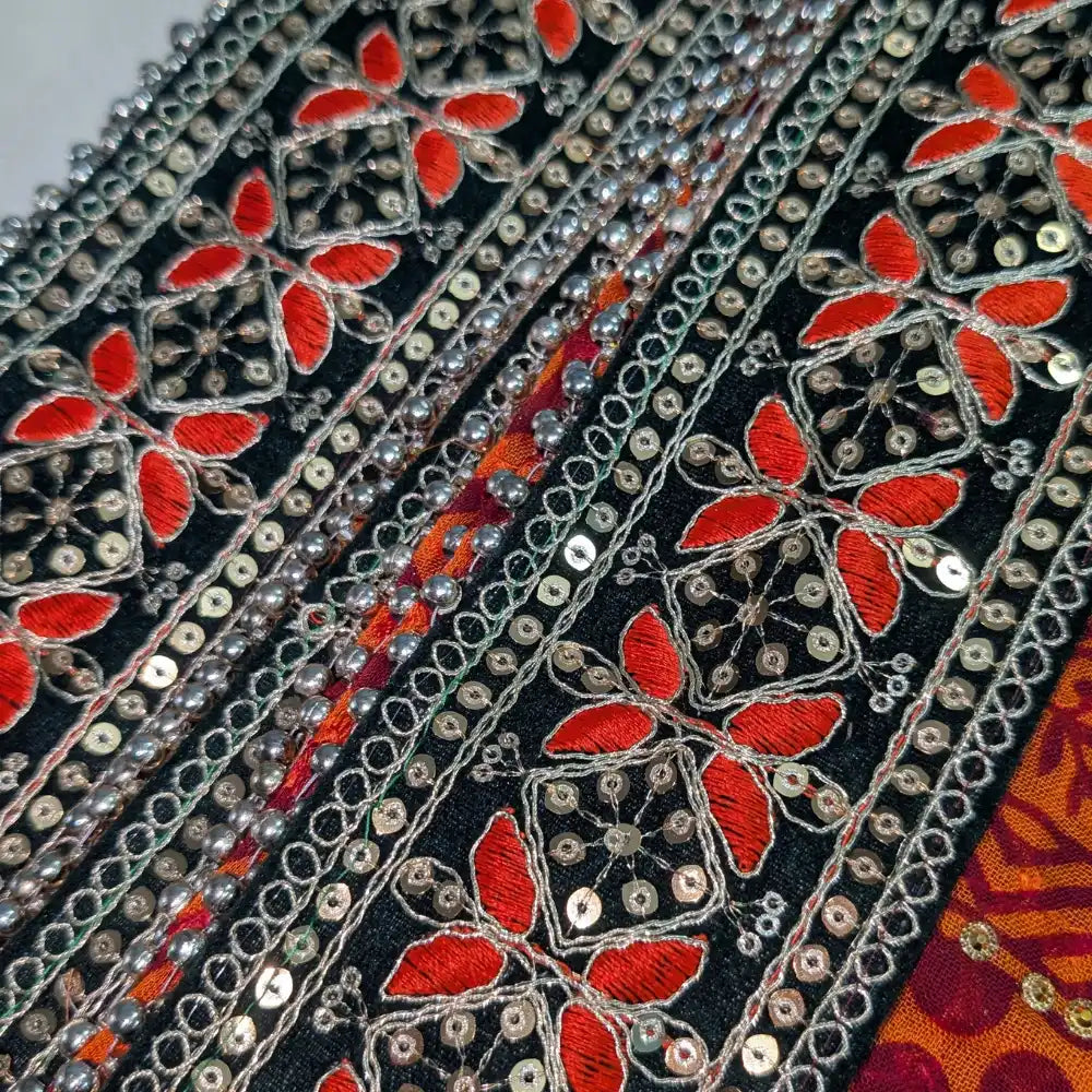 MIJAAT Pahadi Short Pichoda Stole | Georgette Chicken Fabric | Dark Green Payal Lace Border with Orange-Red Threadwork