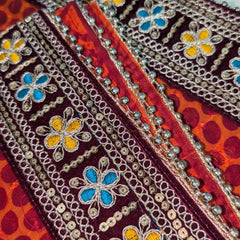 MIJAAT Pahadi Short Pichoda Stole | Georgette Chicken Fabric | Maroon Payal Lace Border with Blue-Yellow Floral Threadwork