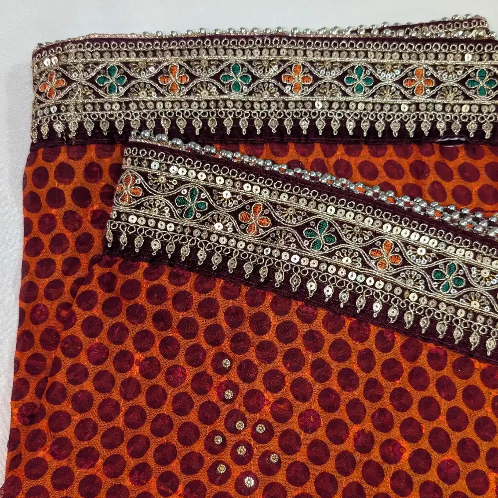MIJAAT Pahadi Short Pichoda Stole | Georgette Chicken Fabric | Maroon Floral Payal Lace Border
