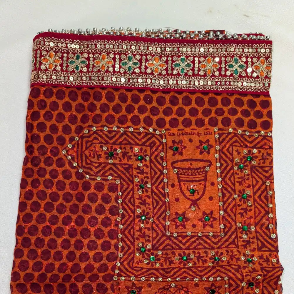 MIJAAT Short Pichoda Stall | Georgette Chicken Fabric | Red Multicolour Floral Lace Border