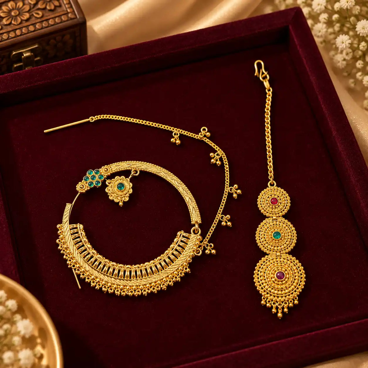Pahadi Nath & Maang Tika Combo – Gold Crescent Hoop with Green Kundan & Triple Disc Tika with Red Green Stones | Mijaat