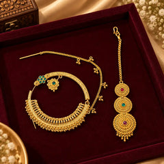 Pahadi Nath & Maang Tika Combo – Gold Crescent Hoop with Green Kundan & Triple Disc Tika with Red Green Stones | Mijaat
