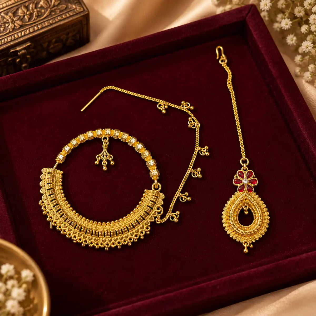 Pahadi Nath & Maang Tika Combo – Gold Crescent Hoop with White Kundan & Teardrop Tika with Red Flower | Mijaat