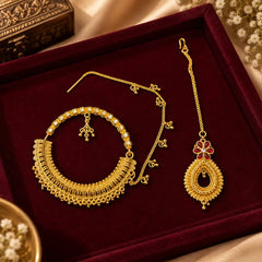 Pahadi Nath & Maang Tika Combo – Gold Crescent Hoop with White Kundan & Teardrop Tika with Red Flower | Mijaat