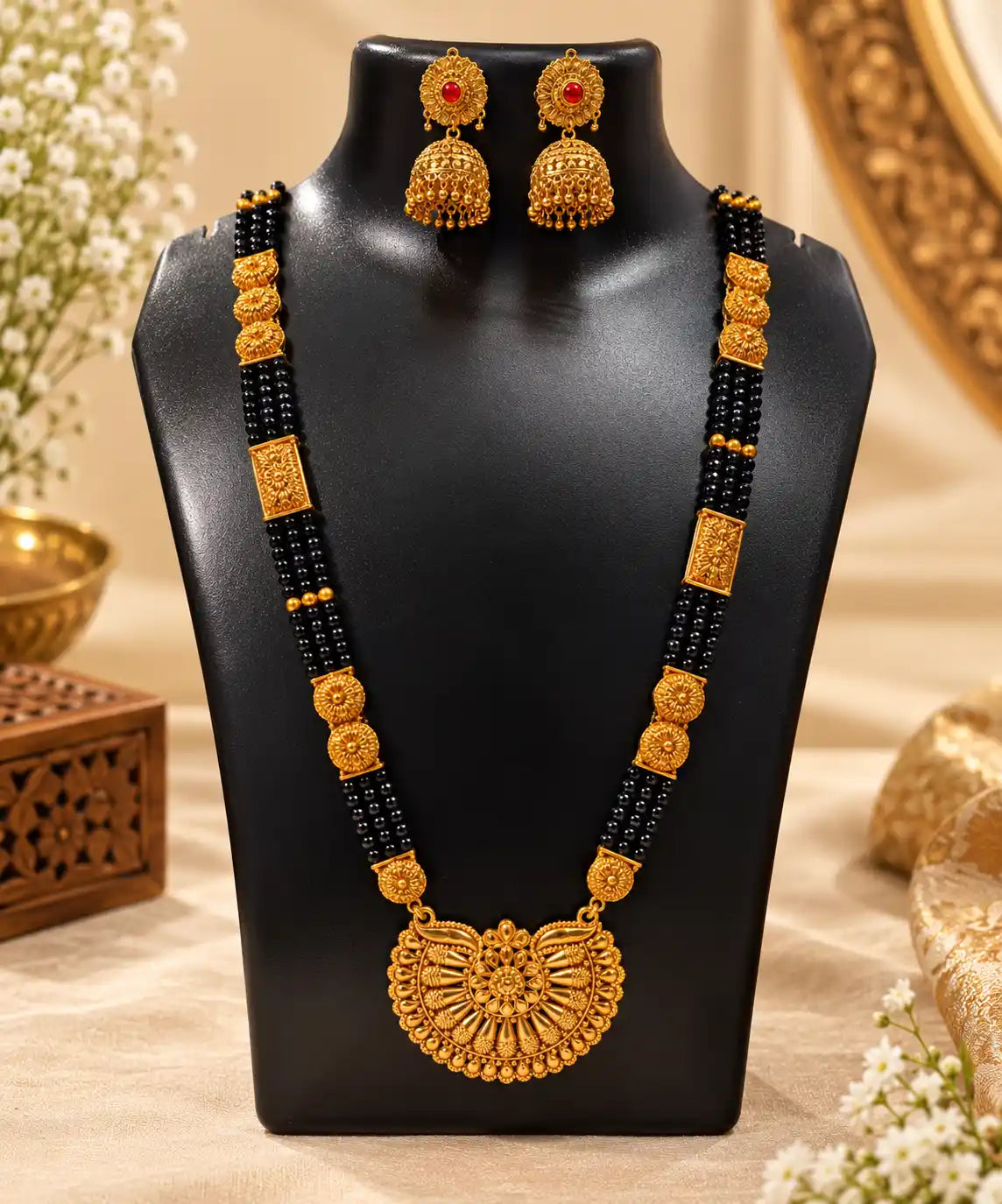 Pahadi Mangalsutra & Jhumka Earrings Combo – 4 Line Black Bead Chain with Fan Pendant & Red Stone Jhumke | Mijaat