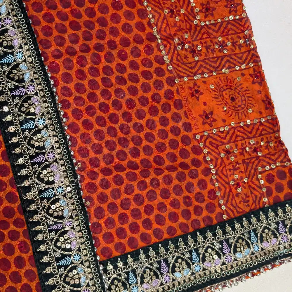 MIJAAT Pahadi Short Pichoda Stole | Georgette Chicken Fabric | Dark Green Payal Border with Lavender-Blue Leaf Threadwork