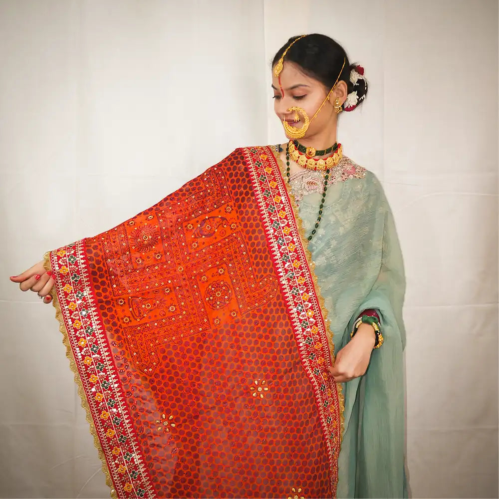 MIJAAT Pahadi Short Pichoda Stall | Georgette Chicken | Red Katdani Lace Border