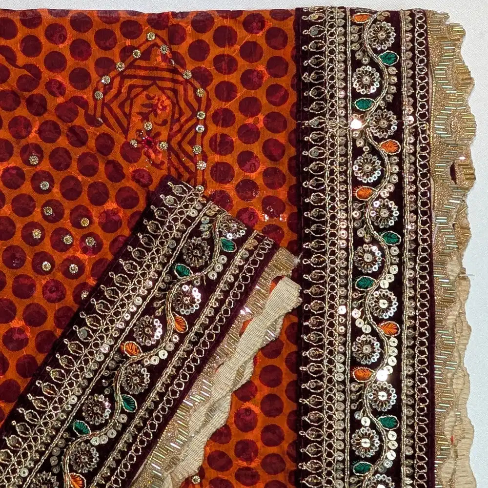 MIJAAT Pahadi Short Pichoda Stole | Georgette Chicken Fabric | Maroon Katdani Border with Floral Vine Threadwork