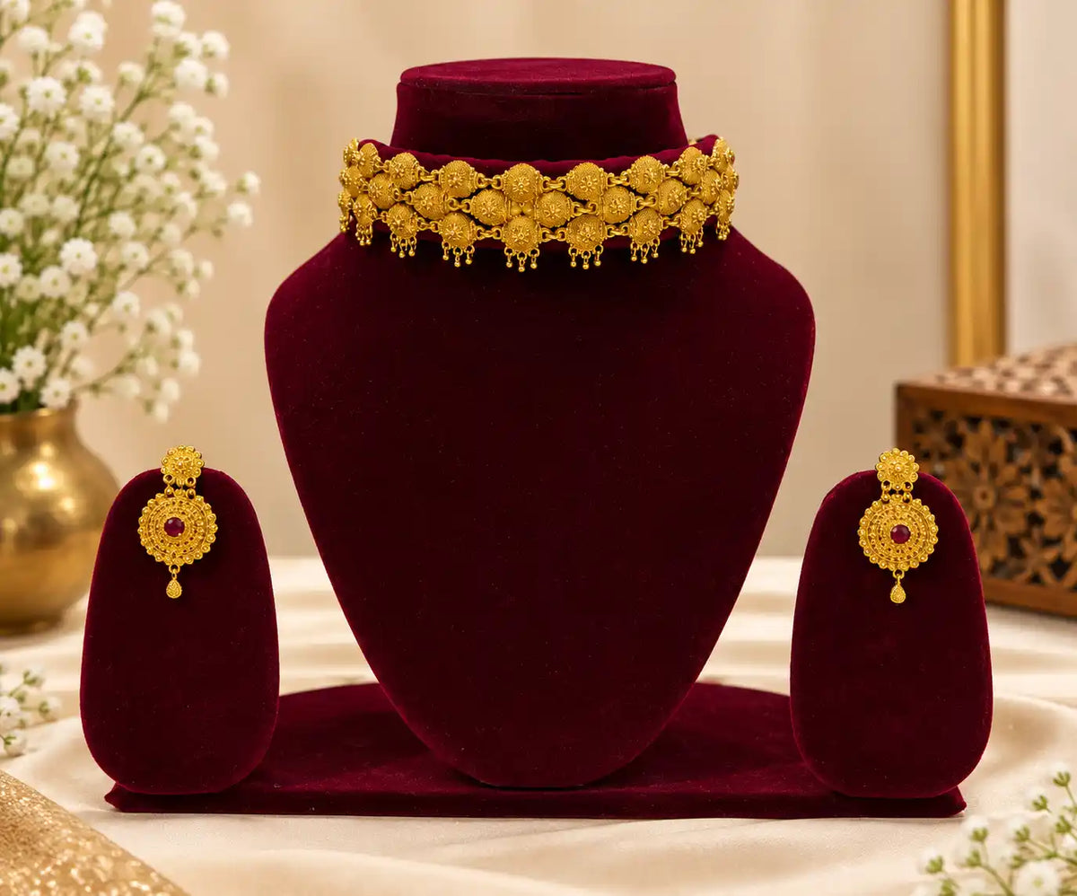 Pahadi Pooji Style Galoband & Earrings Combo – Maroon Velvet Base with Gold Dome Discs & Maroon Stone Studs | Mijaat