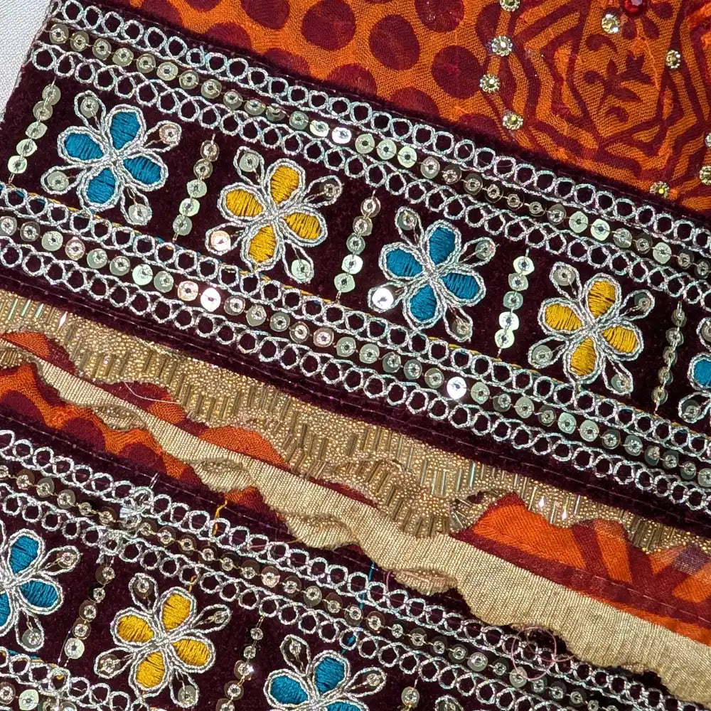 MIJAAT Pahadi Short Pichoda Stole | Georgette Chicken Fabric | Maroon Katdani Border with Blue-Yellow Floral Threadwork