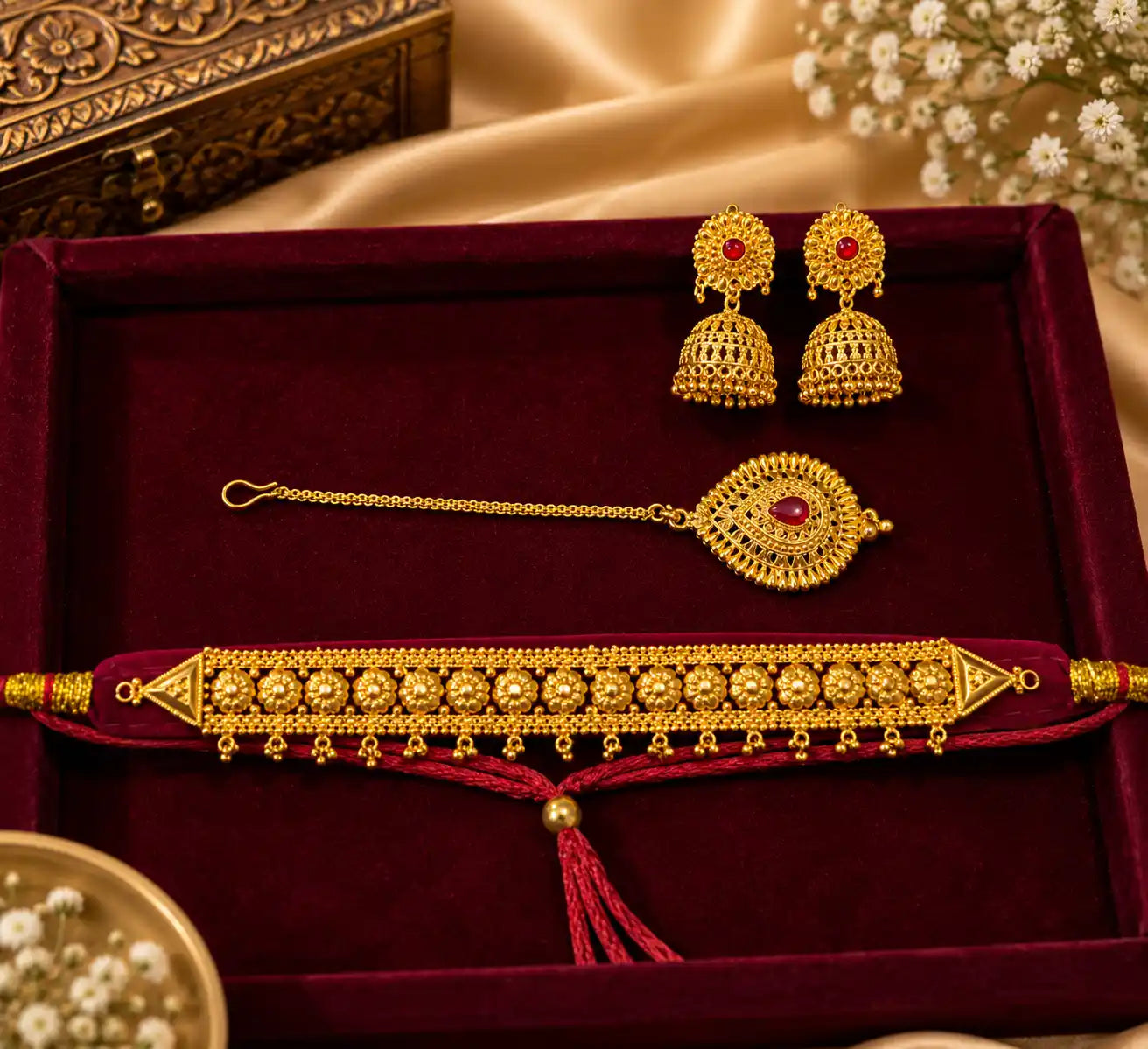 Pahadi Bridal Combo – Maroon Galoband, Teardrop Maang Tika & Jhumka Earrings with Red Stone & Real Gold Look | Mijaat