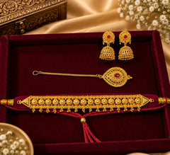 Pahadi Bridal Combo – Maroon Galoband, Teardrop Maang Tika & Jhumka Earrings with Red Stone & Real Gold Look | Mijaat