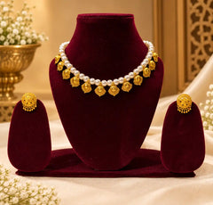 Pahadi Champakali Pearl Necklace & Stud Earrings Combo – Gold Lotus Drops with Ghungroo Studs | Mijaat