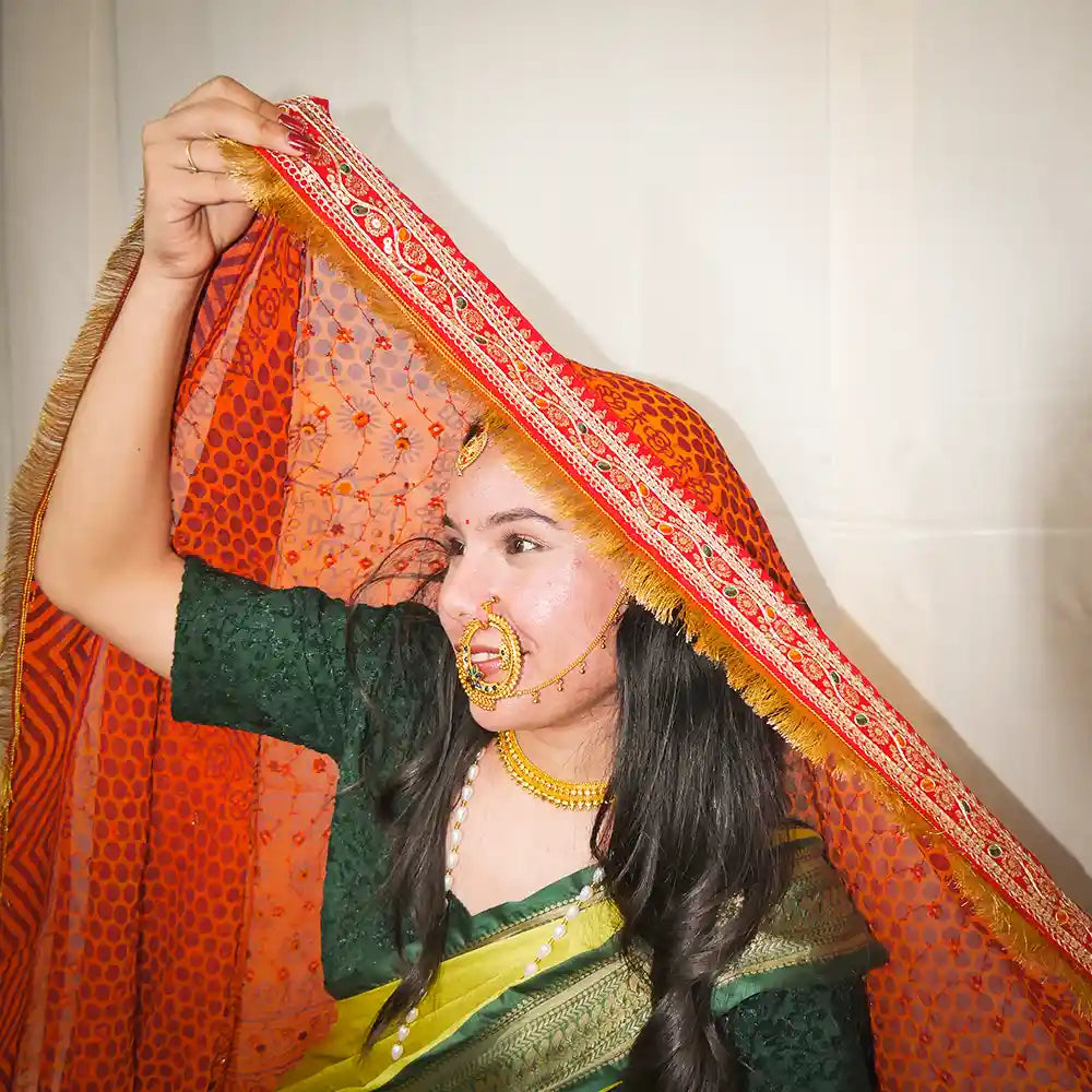 MIJAAT Pahadi Pichoda Full Size | Georgette Chicken | Red Kasab Lace Border