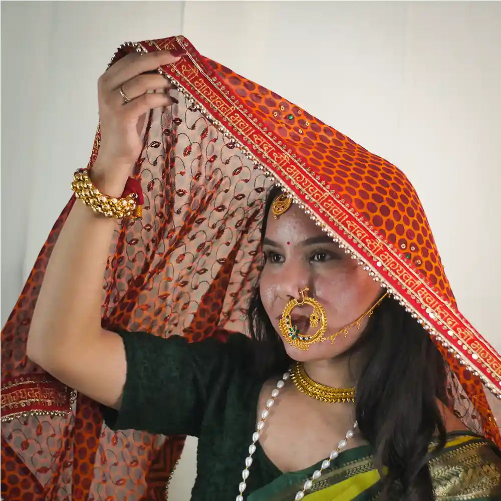 MIJAAT Pahadi Short Pichoda Stall | Red Payal Lace Border | Sada Sobhagywati bhawah