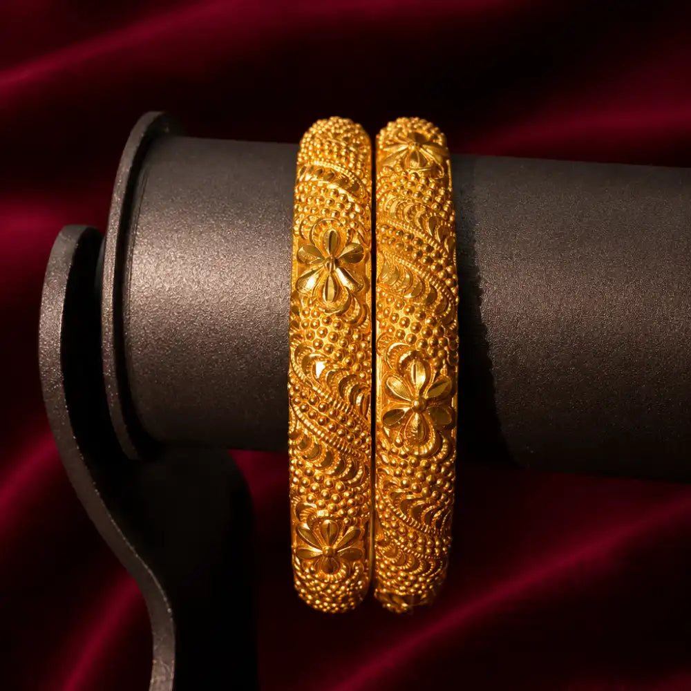 Gold-Tone Floral Filigree Kangan | Traditional Kumaoni Pahadi Bangles (Set of 2)