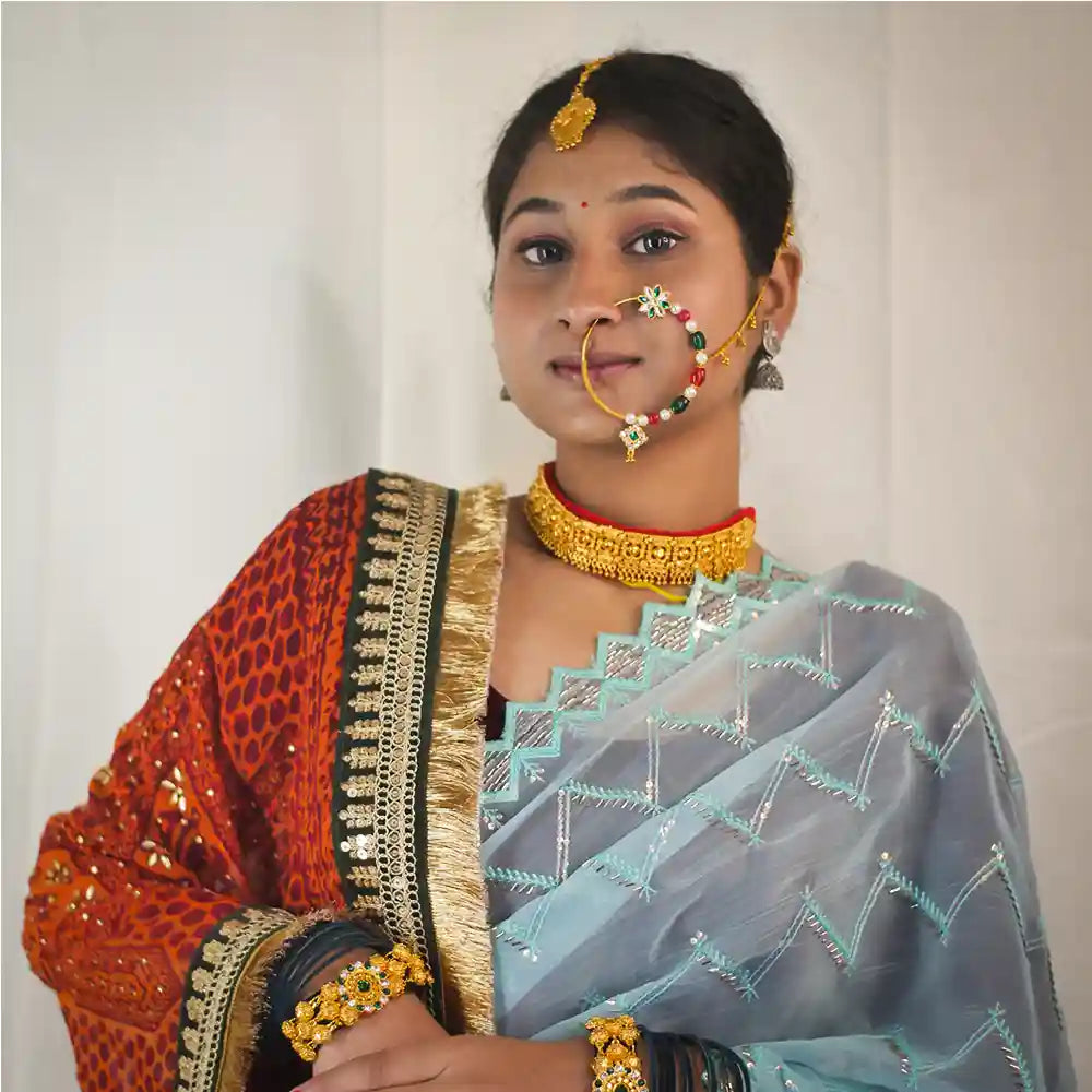 MIJAAT Pahadi Short Pichoda Stall | Georgette Chicken | Dark Green Kasab Lace Border