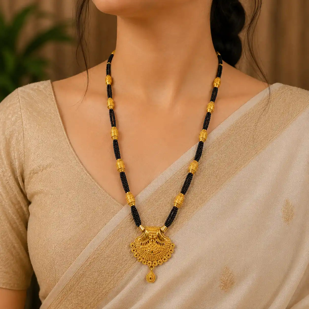 Black Beads Mangalsutra with Golden Pendant | 12 Golden Beads