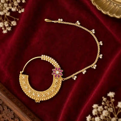 Pahadi Nath – Large Gold Hoop Filigree with Red Kundan Flower & Ghungroo Side Chain | Mijaat