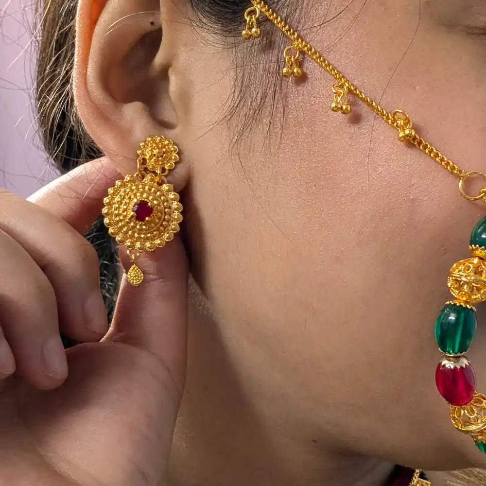 Pahadi Pooji Style Galoband & Earrings Combo – Maroon Velvet Base with Gold Dome Discs & Maroon Stone Studs | Mijaat