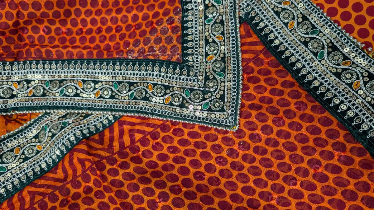 MIJAAT Full Size Pahadi Pichoda | Georgette Chicken Fabric | Dark Green Floral Payal Lace Border